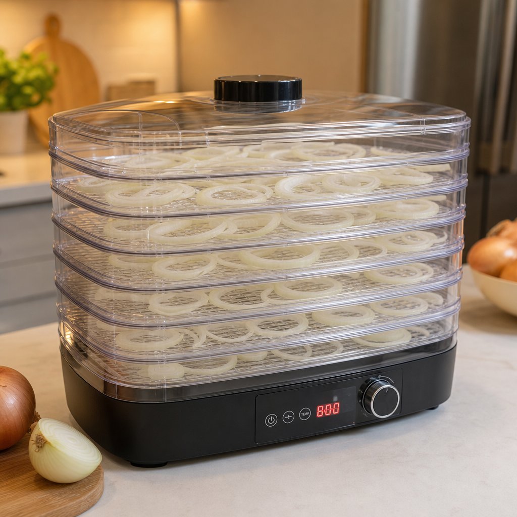 onion slices arranged in single layers on food dehydrator trays for even drying