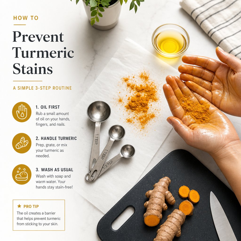 simple prevention habits like parchment paper and oiled hands keep turmeric stains off kitchen surfaces