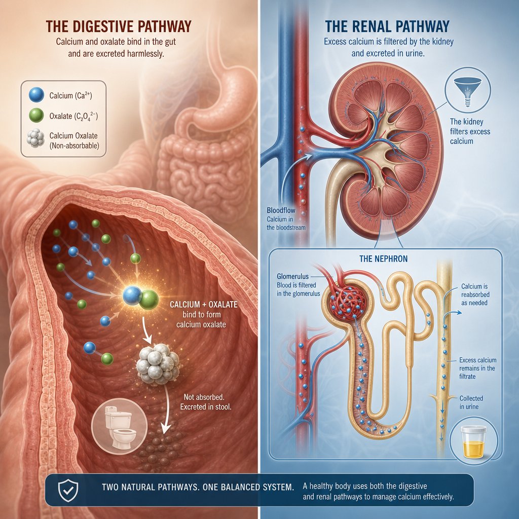 dietary calcium binds oxalate in the gut while supplemental calcium taken without food raises urinary calcium levels