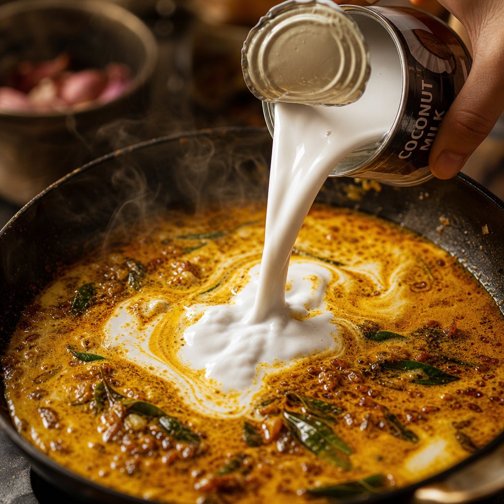pouring coconut milk into the spiced base to build a rich curry sauce