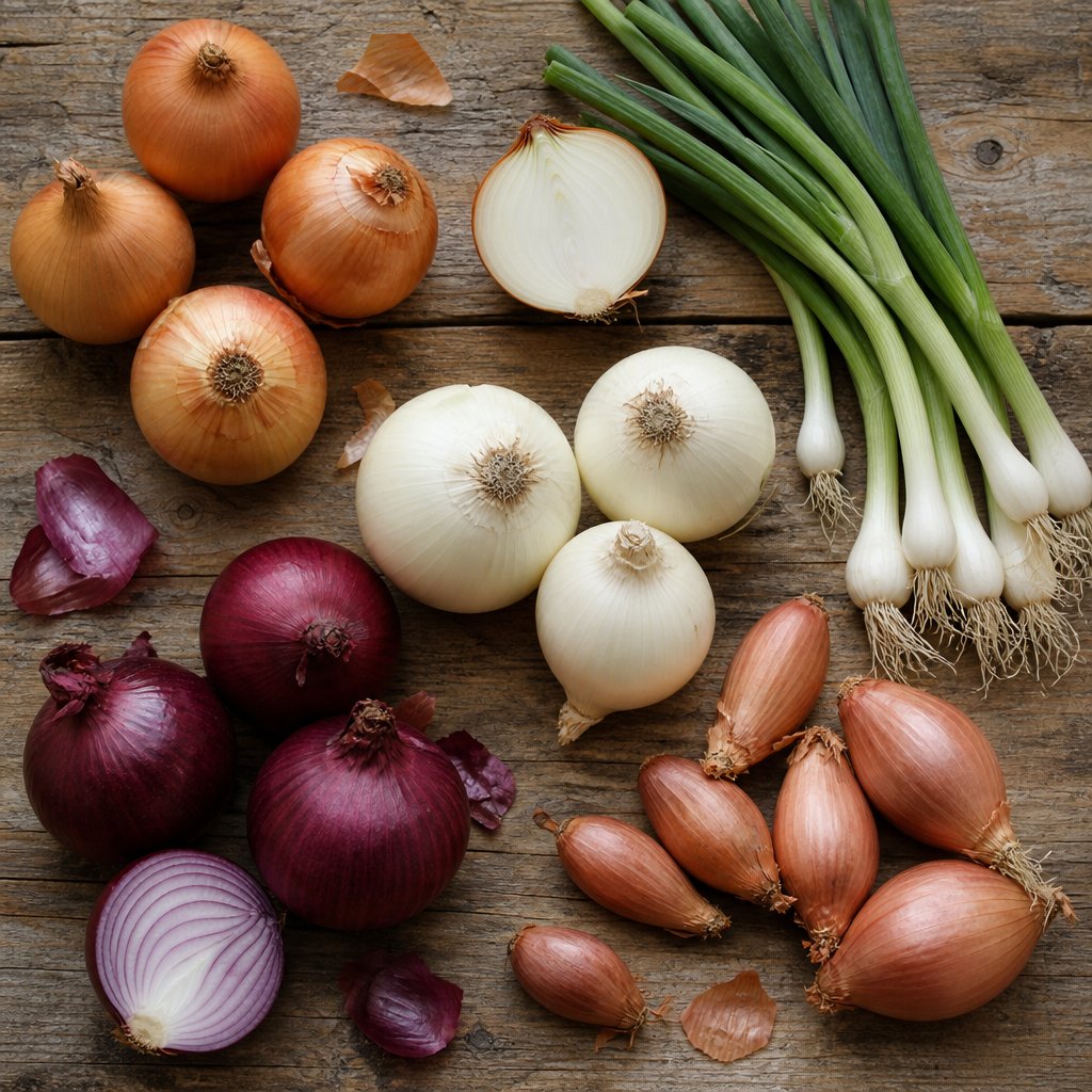 different onion varieties including yellow white red shallots and green onions for making powder