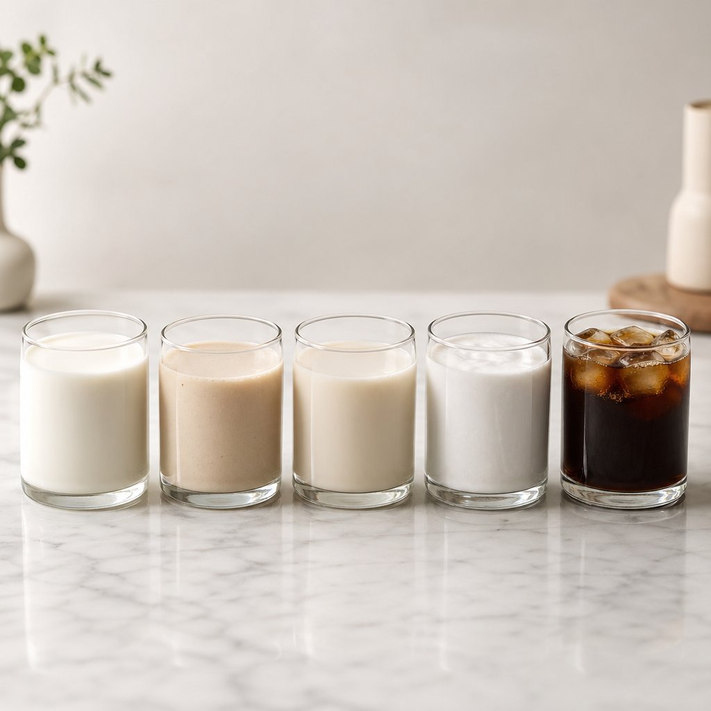 different liquid bases for protein shakes including milk oat milk almond milk coconut milk and cold brew coffee