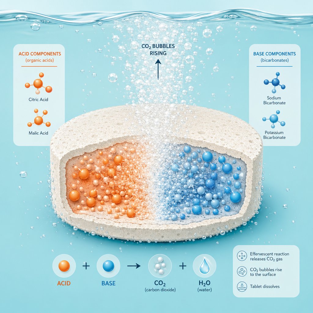 illustration of the acid base reaction inside an effervescent tablet producing carbon dioxide bubbles in water