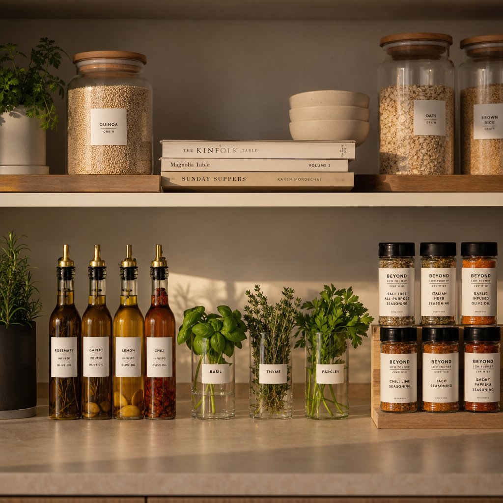 a well stocked low fodmap pantry with infused oils and fresh herbs makes onion free cooking simple and flavorful