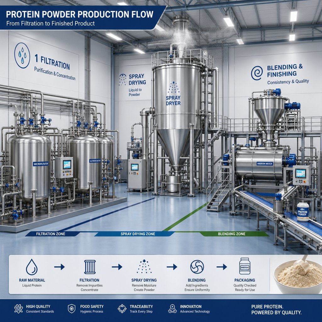 inside a protein powder manufacturing facility showing filtration spray drying and blending stages