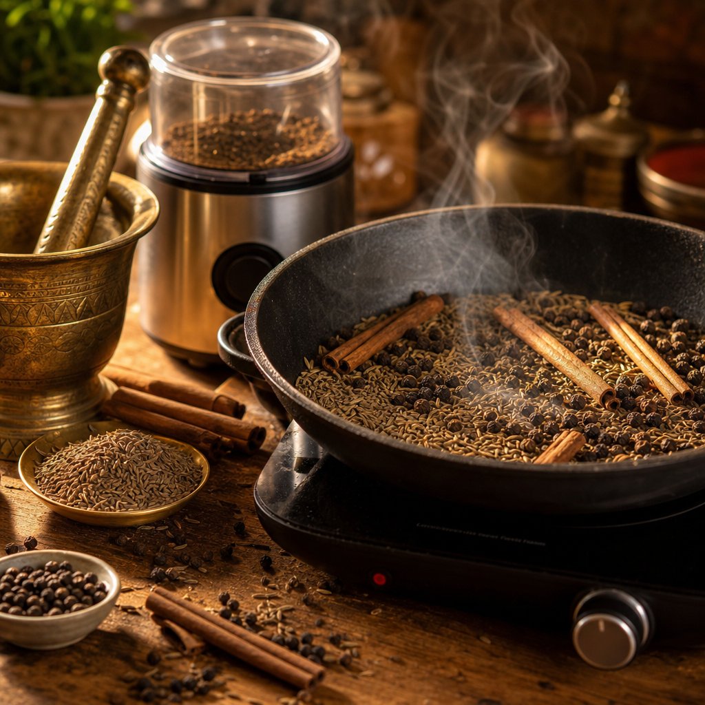 dry roasting whole spices before grinding them into fresh homemade garam masala