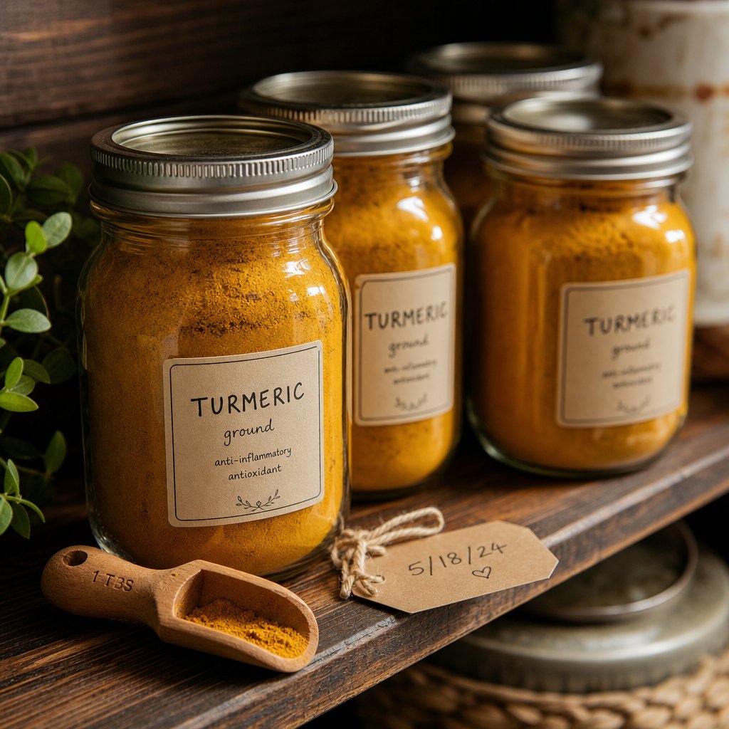properly stored turmeric powder in airtight glass jars with date labels to maintain freshness and potency