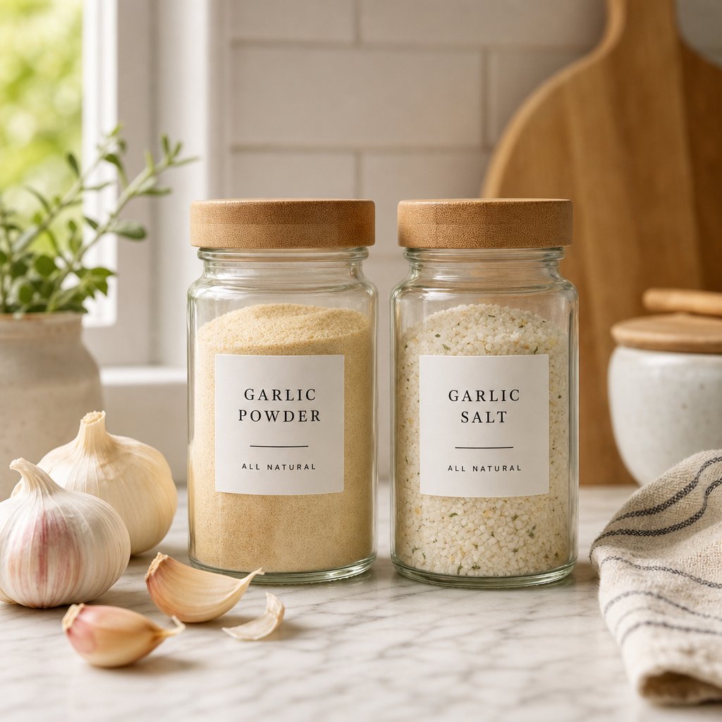 garlic powder and garlic salt in glass jars showing their visual differences in color and texture