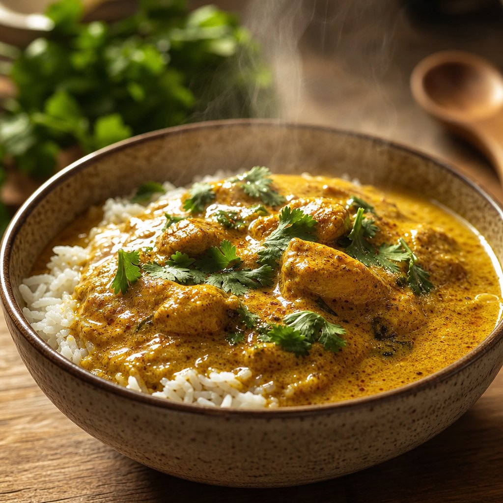 golden homemade curry made with bloomed curry powder served over steamed rice