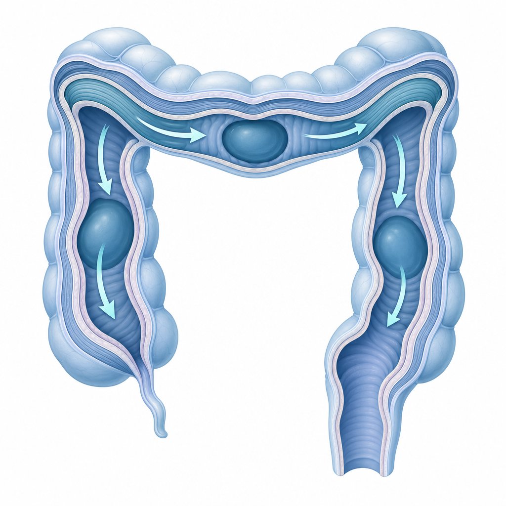 simplified illustration of colonic smooth muscle and peristaltic movement showing how calcium affects gut motility
