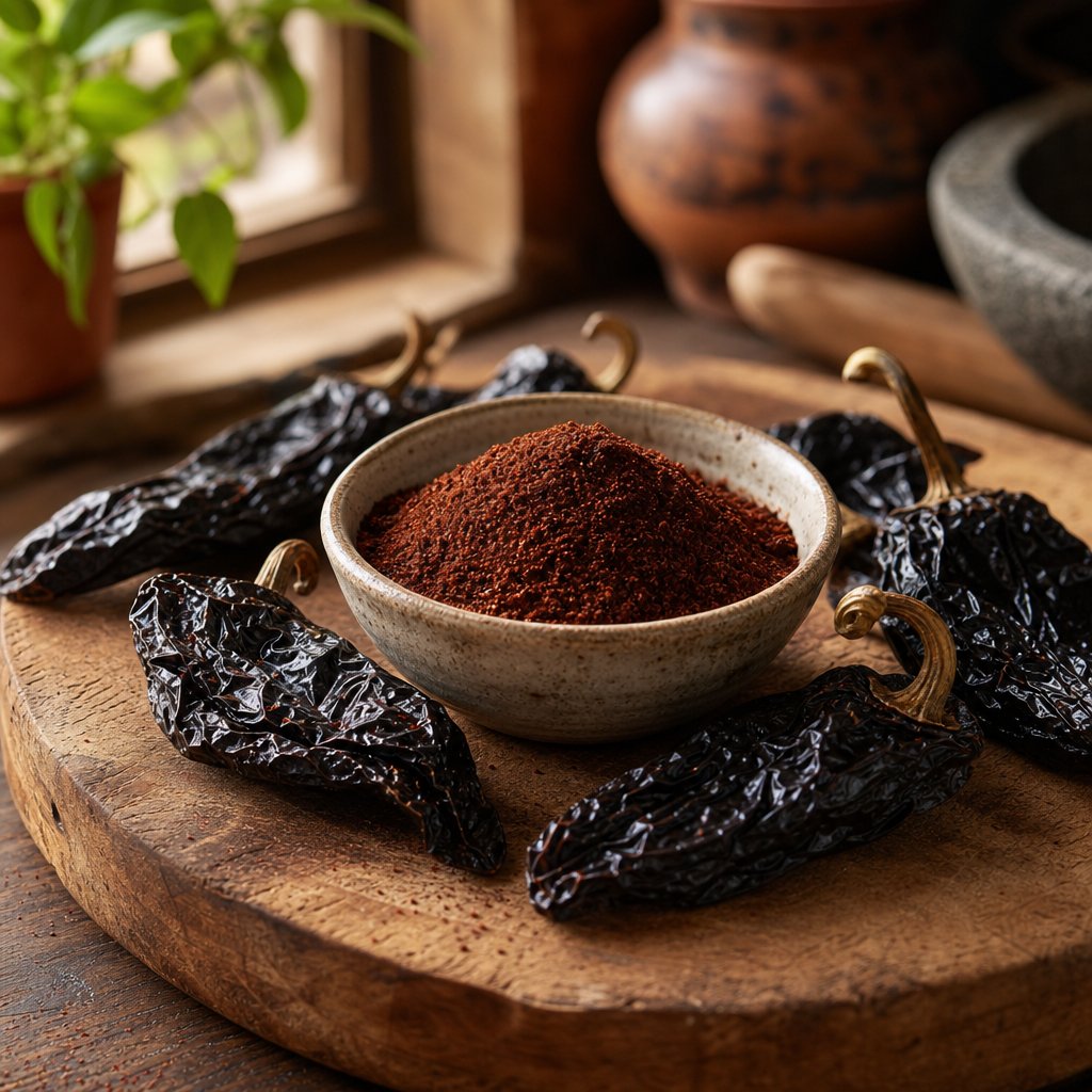 ancho chili powder in a bowl alongside whole dried ancho chiles showing their wrinkled dark reddish brown skin