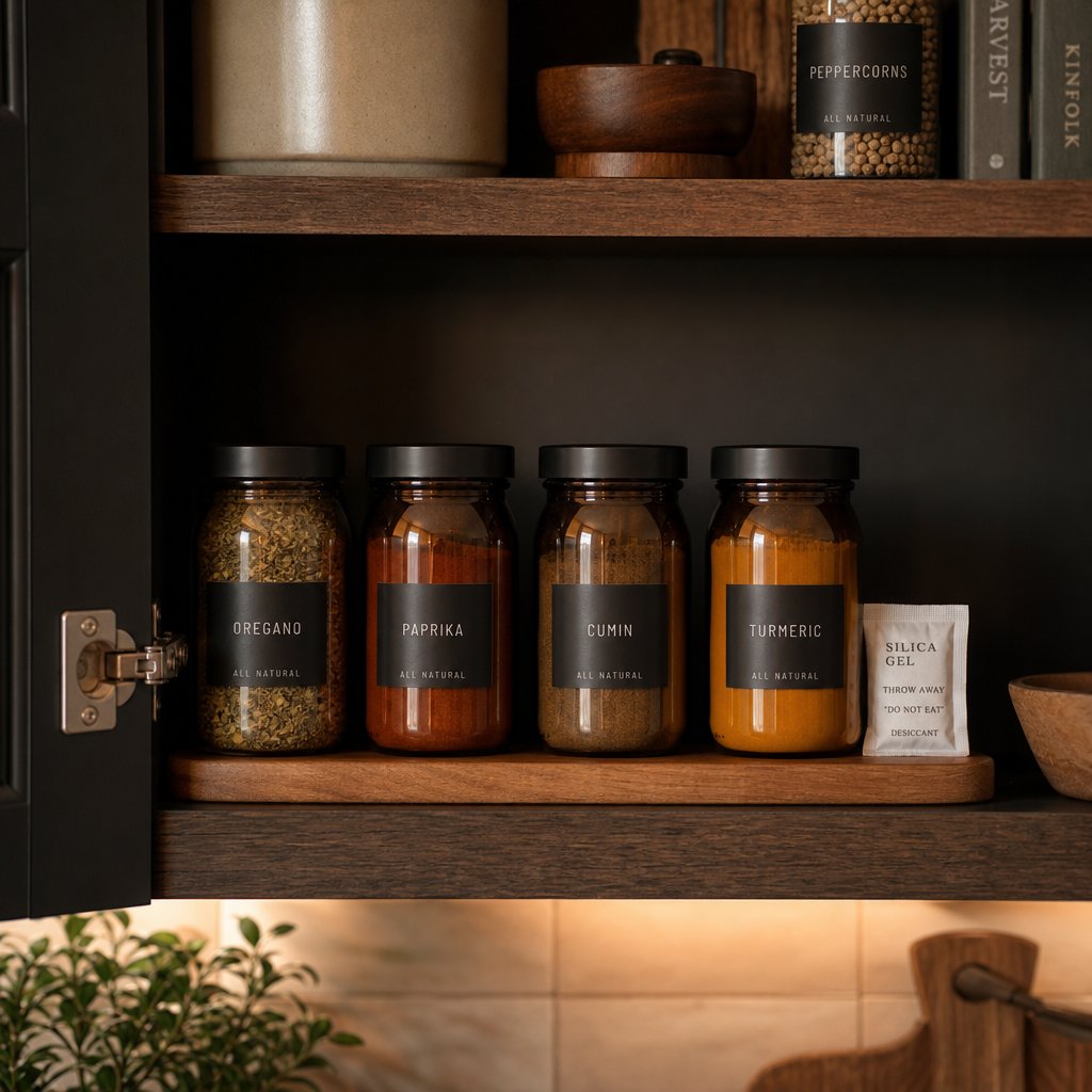 proper turmeric storage setup with amber glass jars in a cool dark cabinet for maximum shelf life