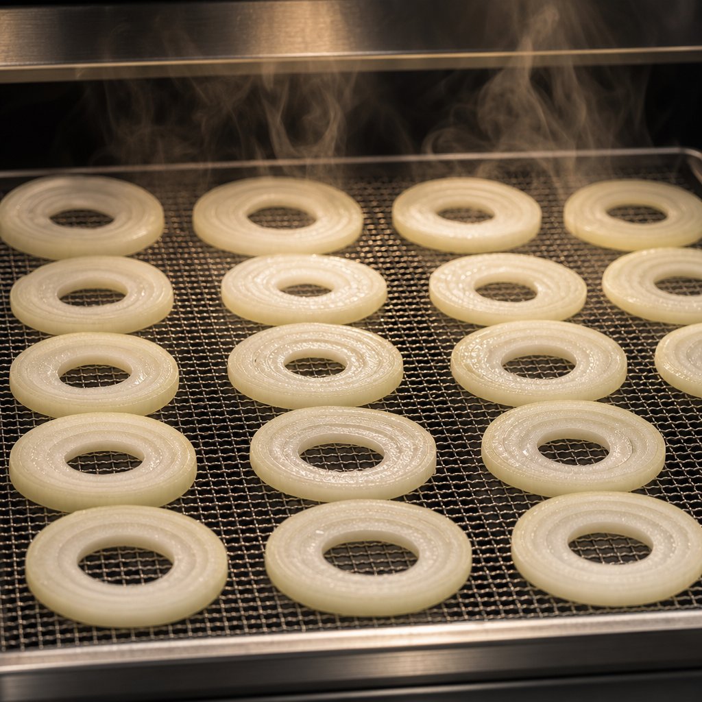 uniform onion slices on a dehydrator tray ready for low temperature drying to preserve flavor compounds