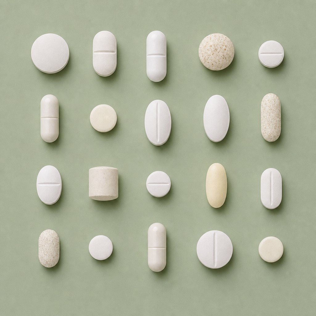 scored tablets and various tablet formats showing the versatility of compressed supplement forms