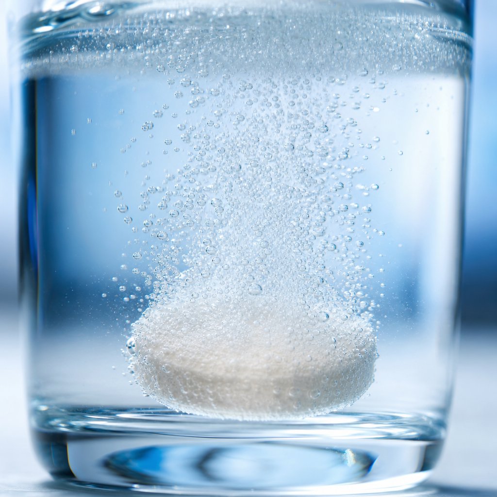 close up of the effervescent reaction as citric acid and sodium bicarbonate produce carbon dioxide bubbles in water