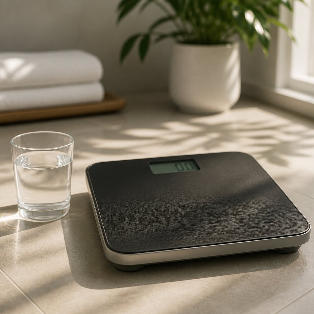 a bathroom scale alongside water illustrating how hydration and fluid balance affect daily weight fluctuations