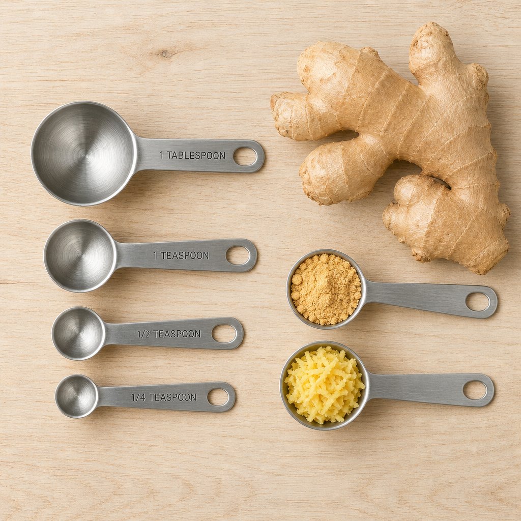 measuring spoons showing the volume difference between fresh grated ginger and ground ginger