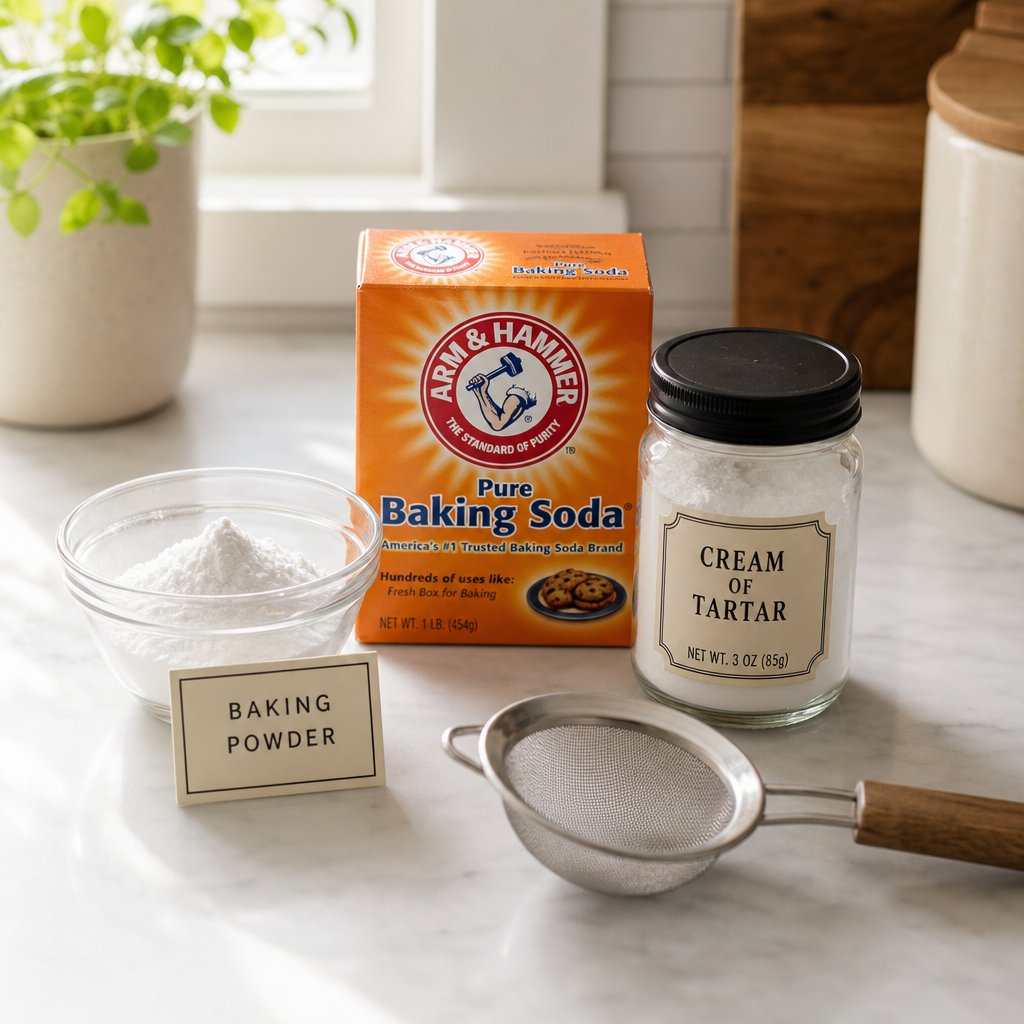 homemade baking powder made from baking soda and cream of tartar on a kitchen countertop