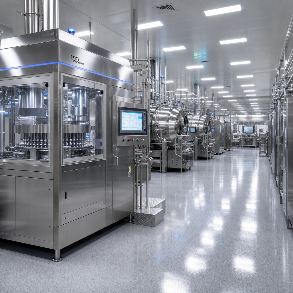 modern pharmaceutical manufacturing facility where extended release tablets are produced with precise quality control