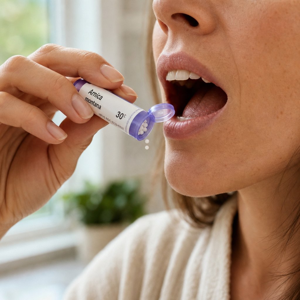 demonstrating the correct sublingual technique for taking arnica pellets without touching them