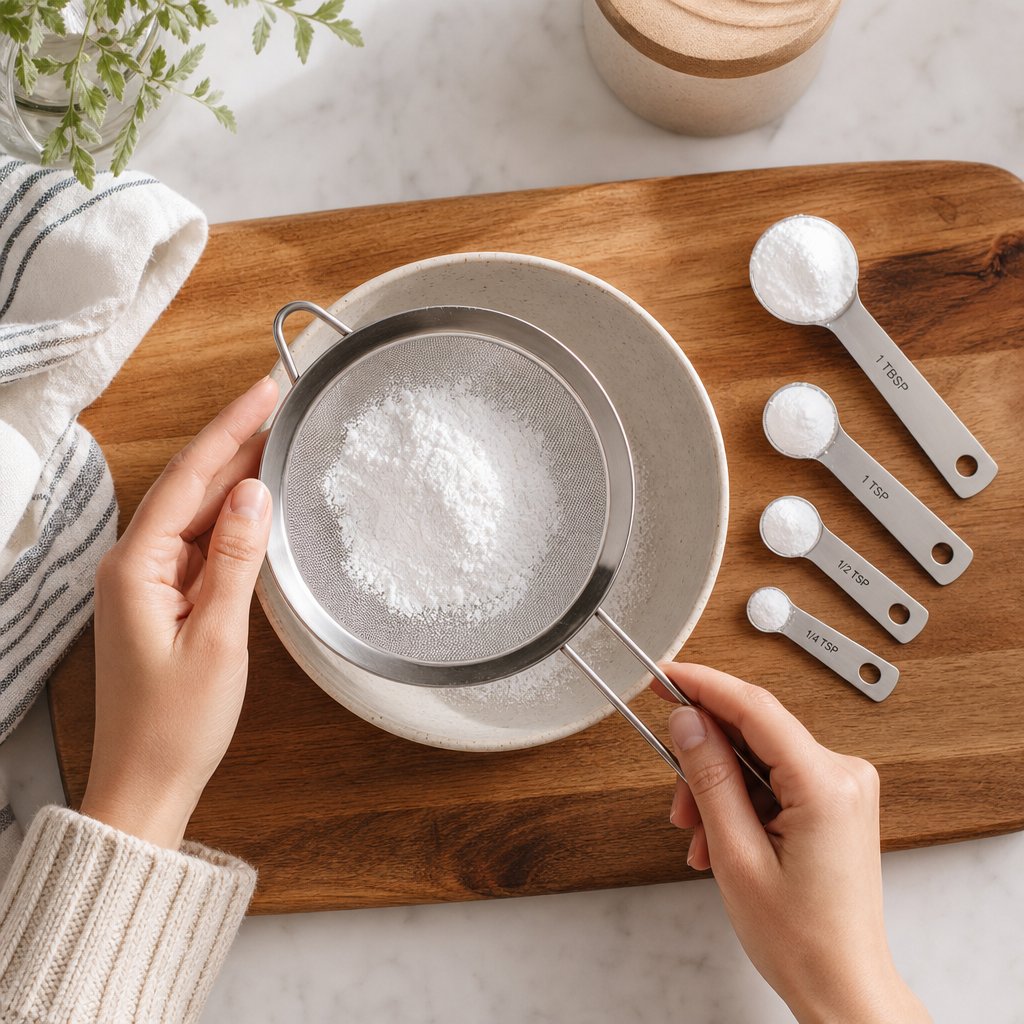sifting cream of tartar and baking soda together for even distribution in homemade baking powder