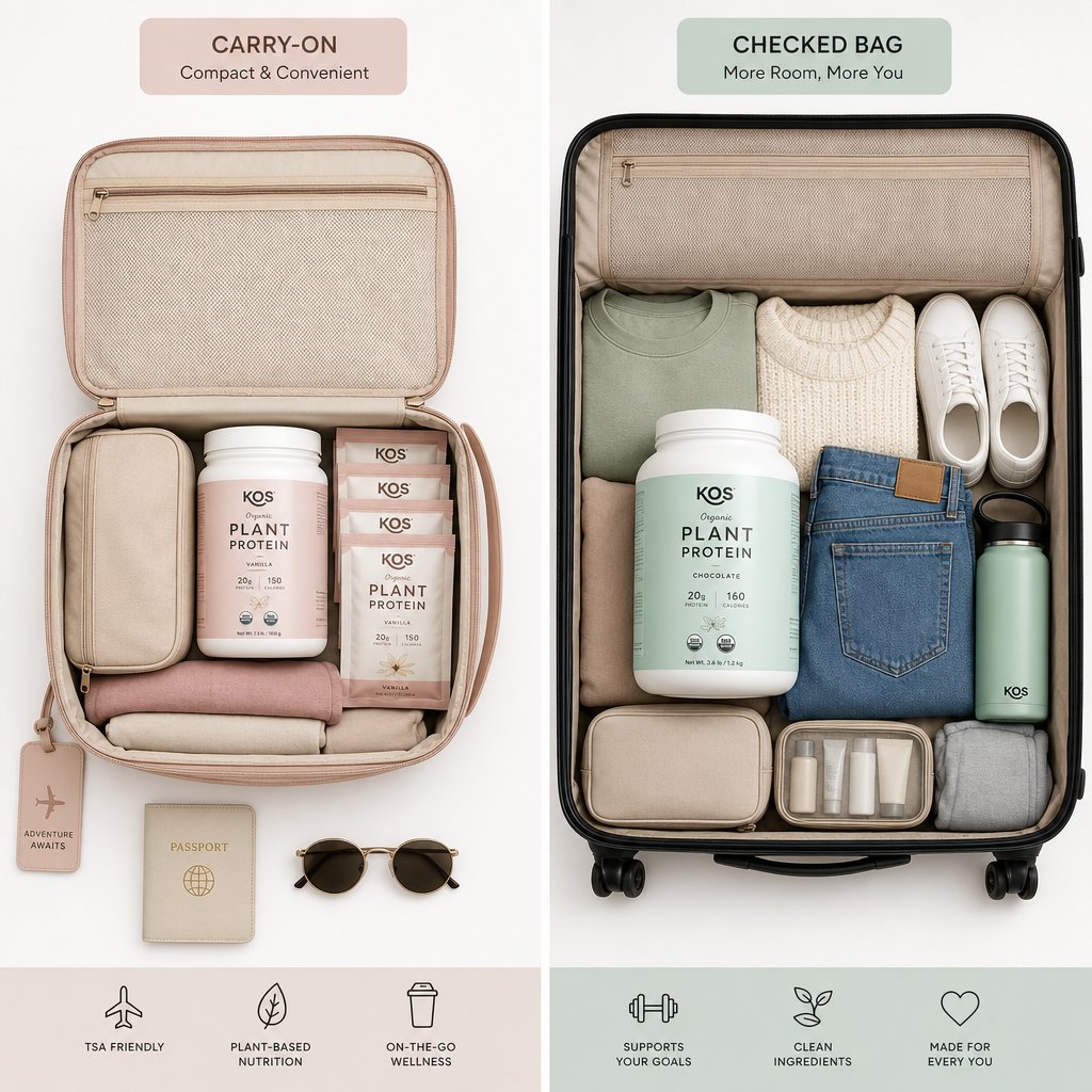 carry on versus checked luggage packing options for protein powder when flying