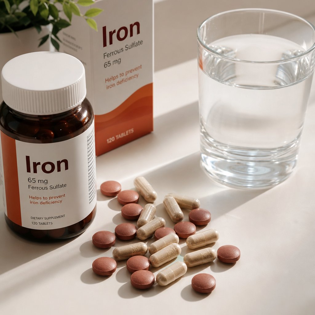 iron tablets and capsules with water representing daily supplementation and its potential side effects including headaches