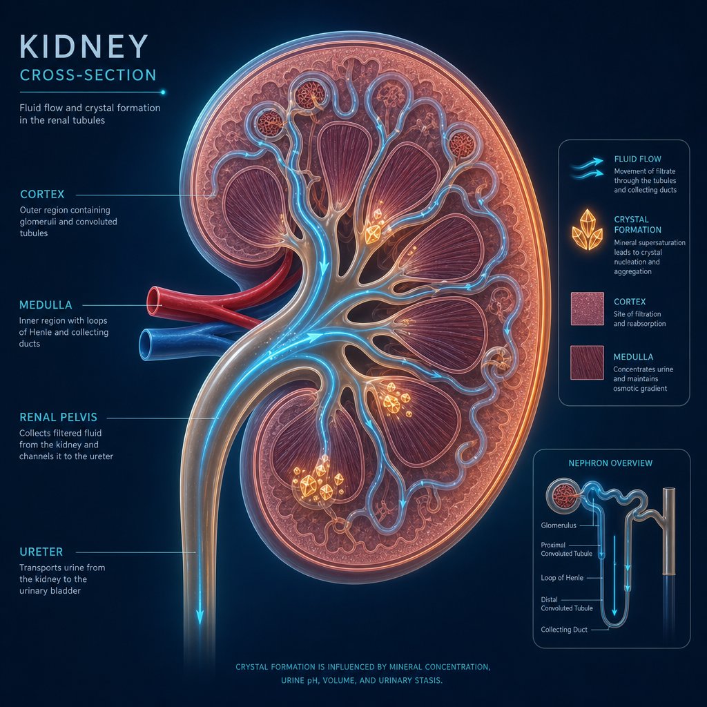 how mineral supersaturation inside the kidney leads to crystal formation when protein metabolism shifts urine chemistry