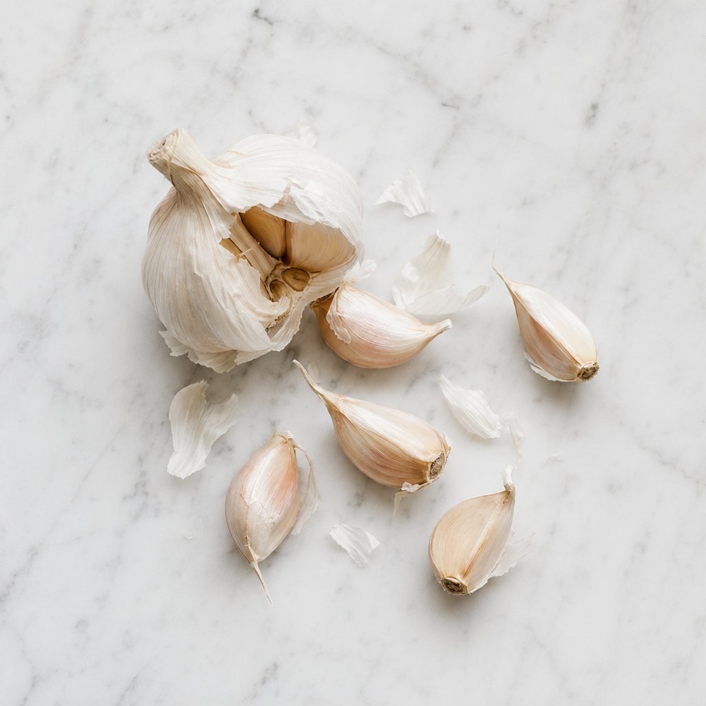 a garlic head broken apart into individual cloves showing the difference between a single clove and the whole bulb