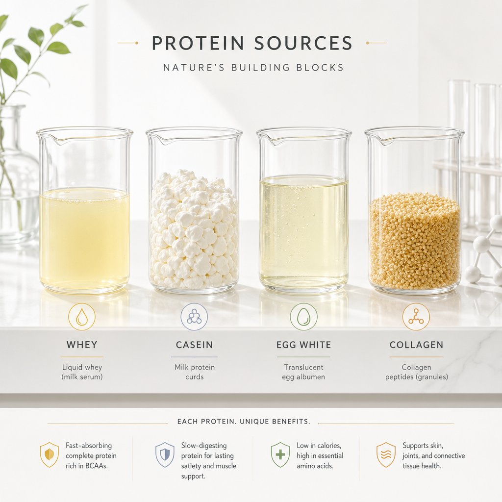 four major animal based protein sources whey casein egg white and collagen in their raw forms
