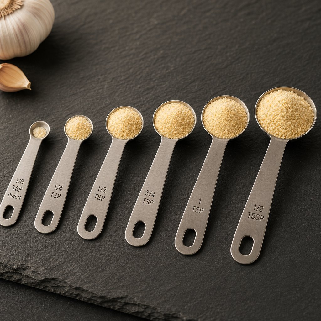 measuring spoons with varying amounts of garlic powder representing different clove to powder conversions