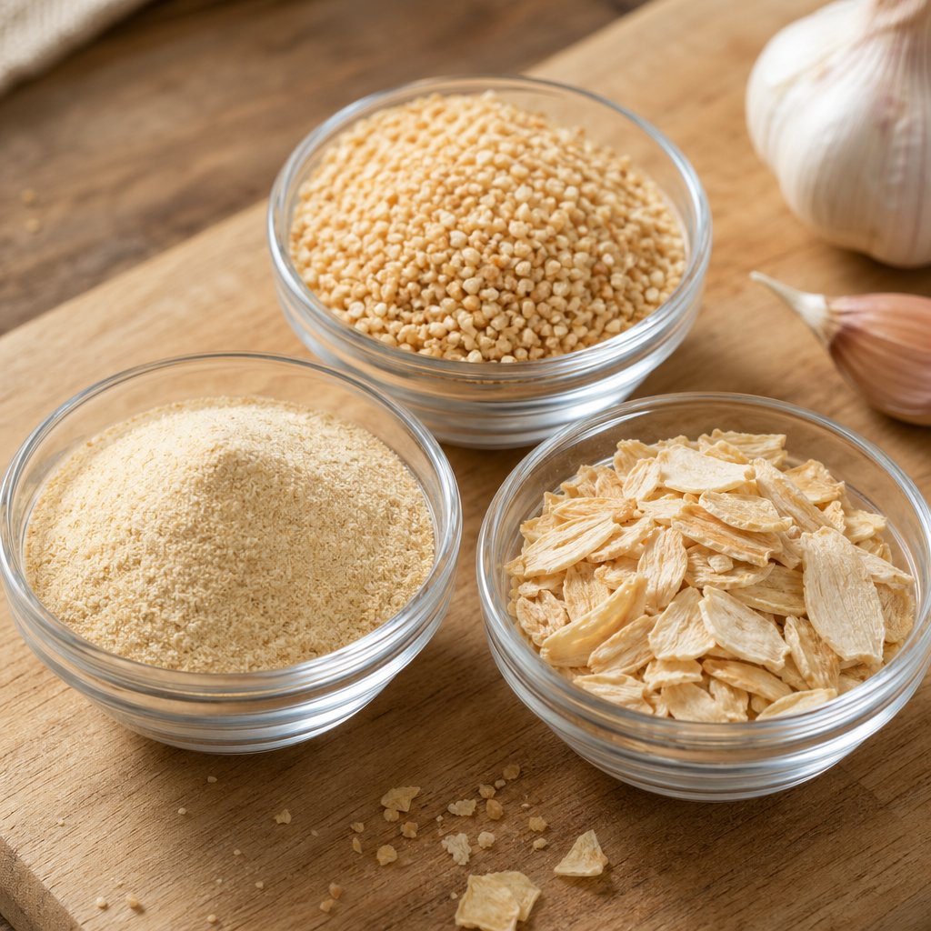 garlic powder granulated garlic and dried garlic flakes side by side showing their different textures