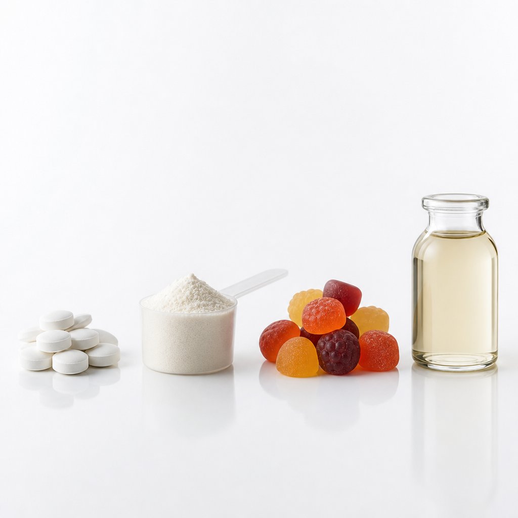different collagen supplement formats including tablets powder gummies and liquid compared side by side