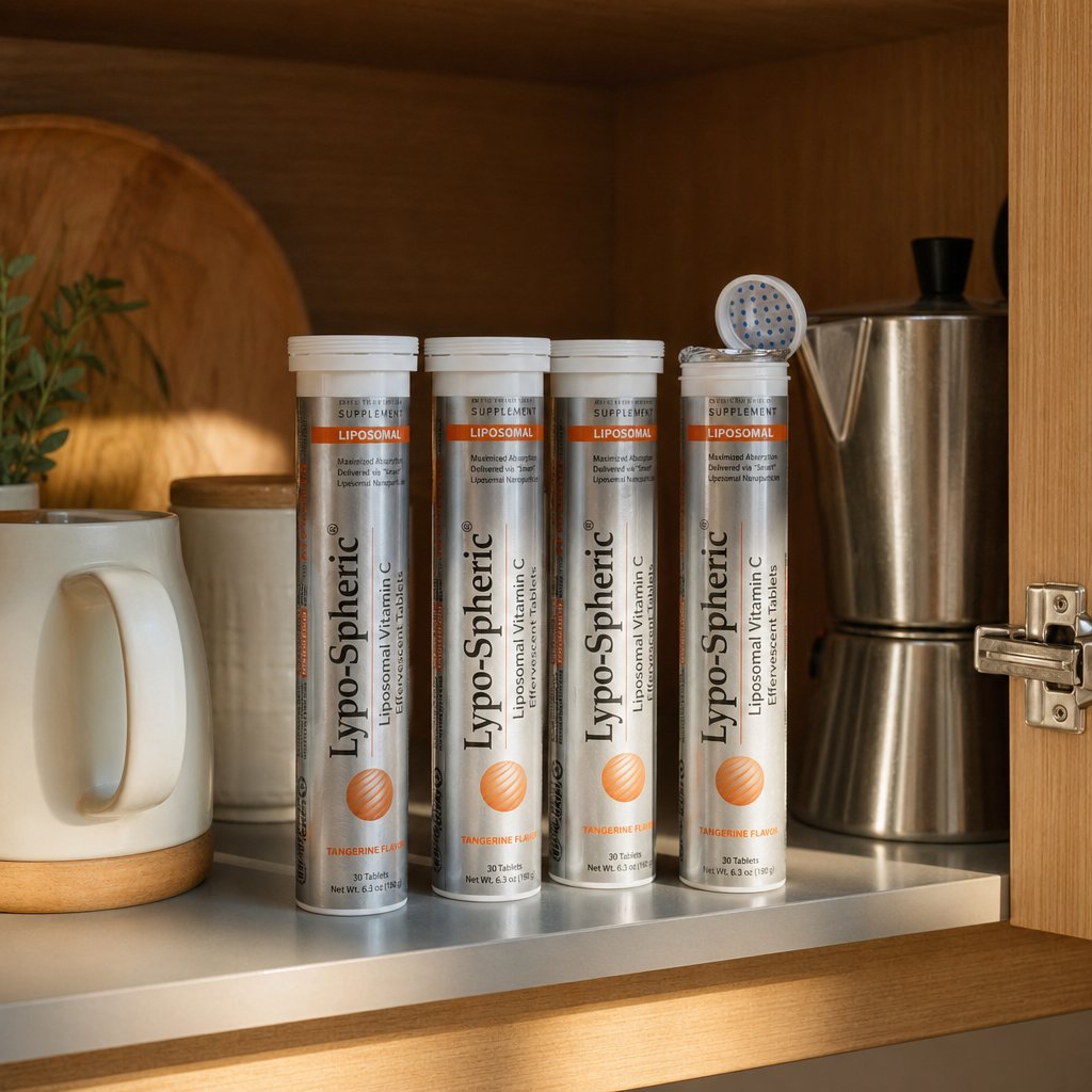 effervescent tablet tubes stored properly in a dry cabinet with sealed caps to protect against moisture exposure