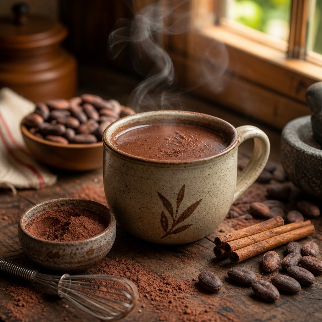 cacao powder prepared as a rich hot drink alongside essential tools for perfect mixing