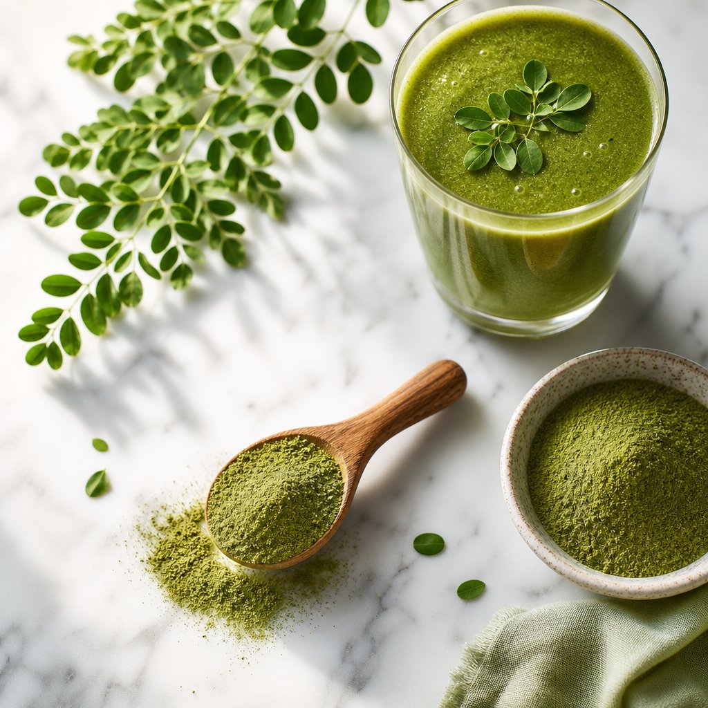 moringa powder and a fresh green smoothie ready for daily use