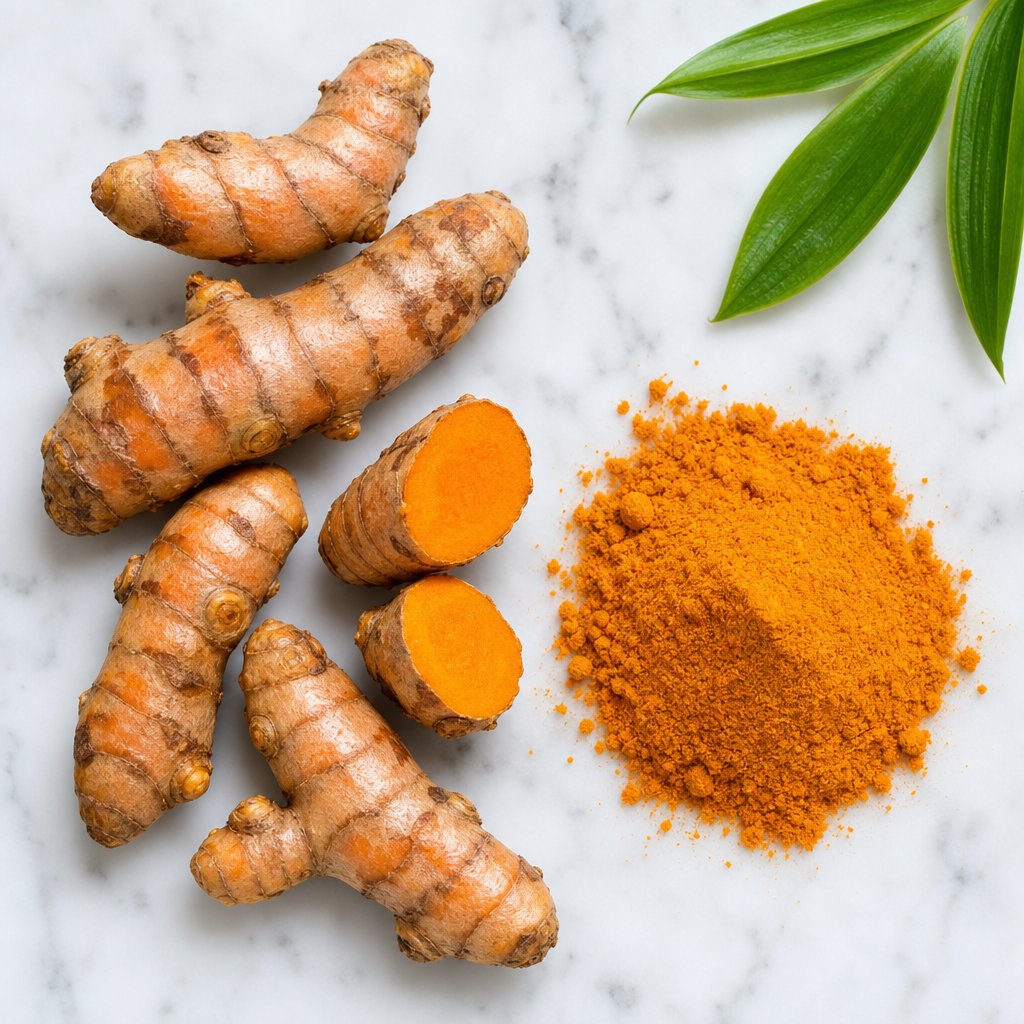 fresh turmeric root snapped open showing bright orange interior alongside high quality vibrant powder