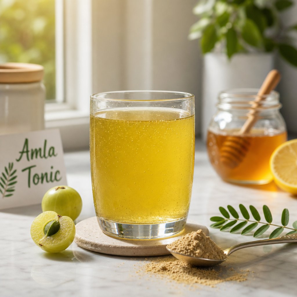 a simple amla powder morning tonic mixed with warm water and honey for daily wellness support