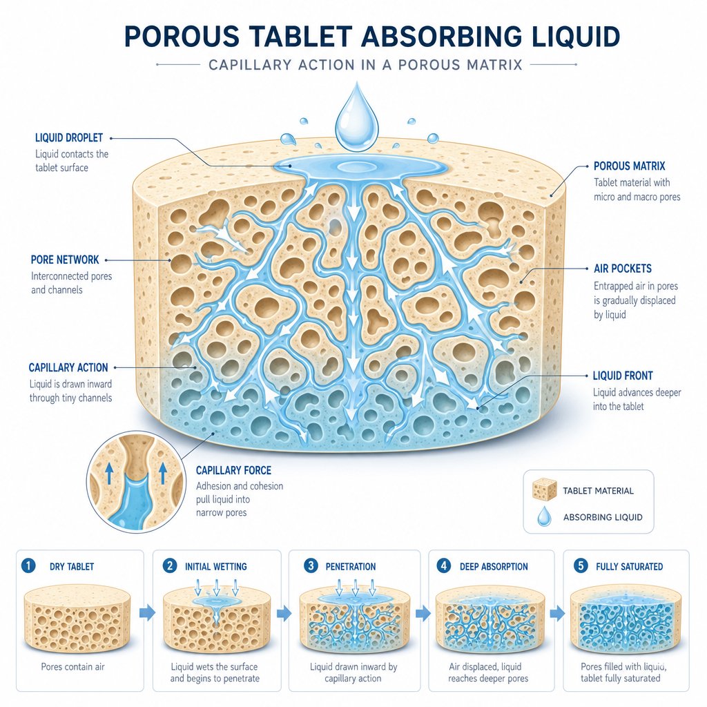 cross section view showing how saliva penetrates the porous structure of a disintegrating tablet through capillary action