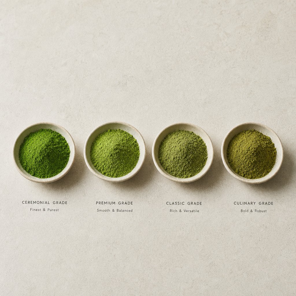 different matcha grades displayed side by side showing how leaf selection and processing create visible color differences that correlate with caffeine levels