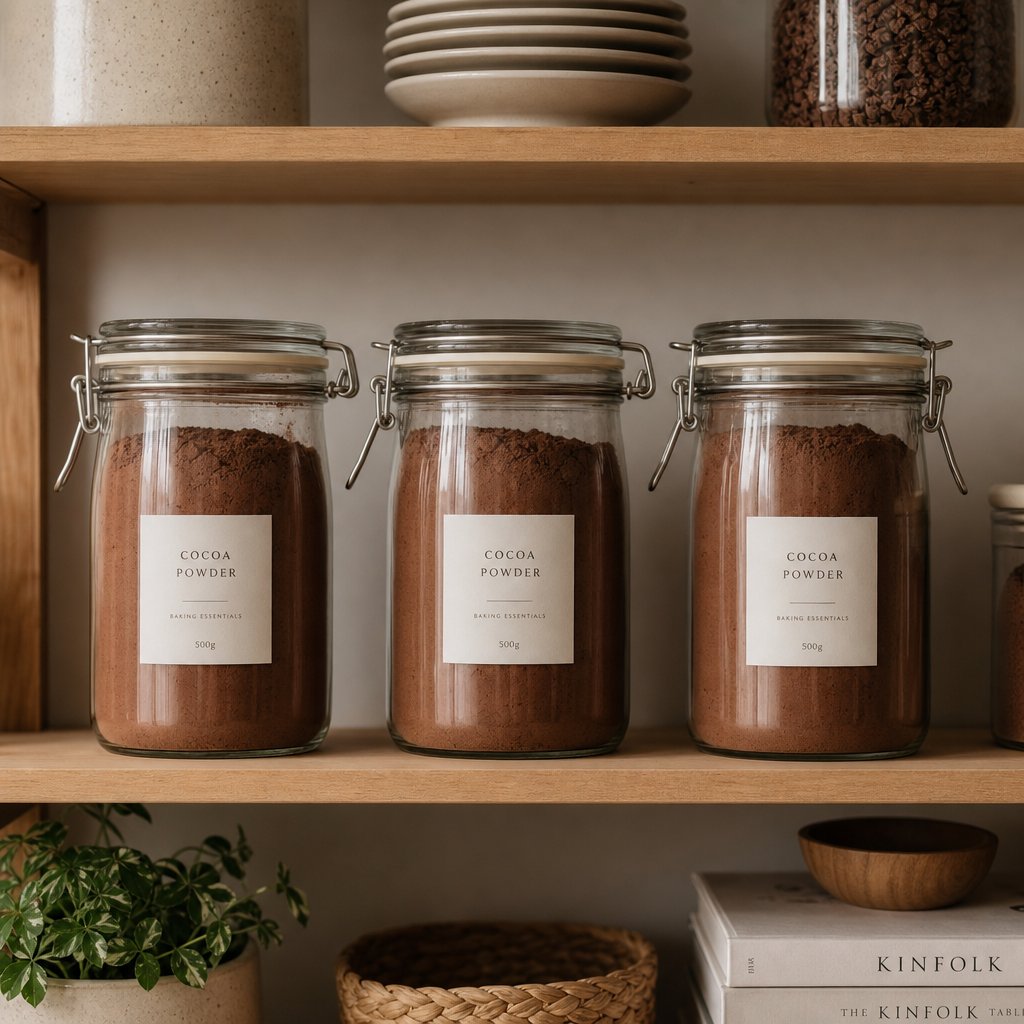 airtight opaque containers stored in a cool dark pantry for maximum cocoa powder freshness