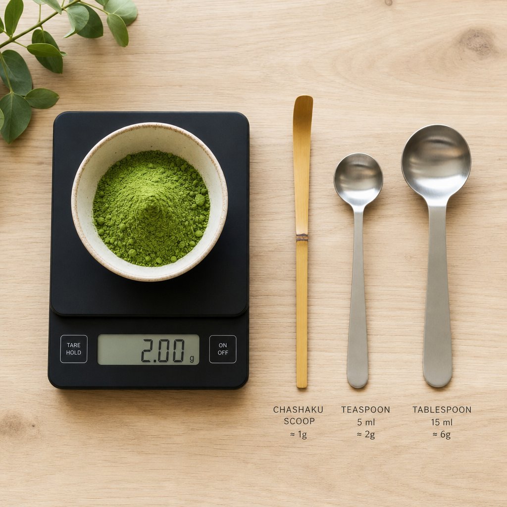 common matcha measuring tools including a kitchen scale bamboo scoop and standard spoons