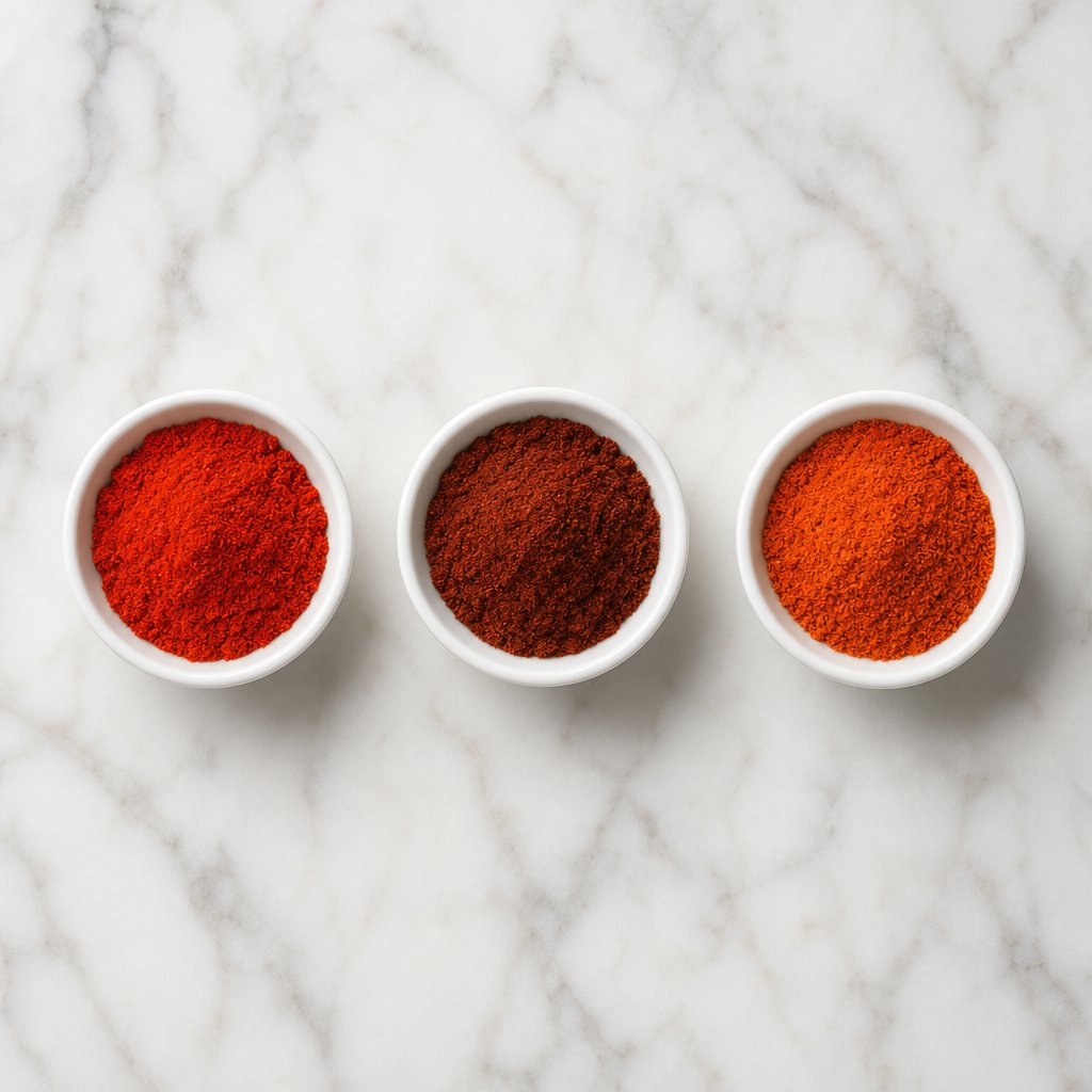 sweet smoked and hot paprika varieties side by side showing their distinct color differences
