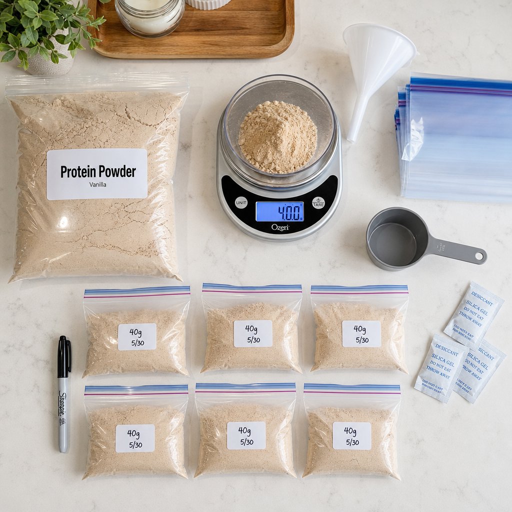 portioning protein powder into smaller sealed bags immediately after purchase prevents repeated air exposure and extends freshness