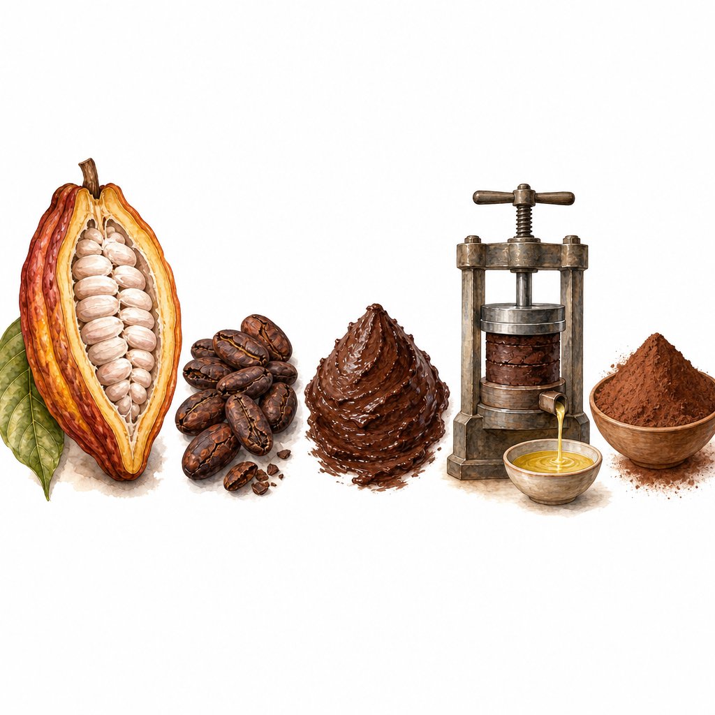 the cocoa powder production process involves only heat and mechanical force applied to cacao beans with no dairy at any stage