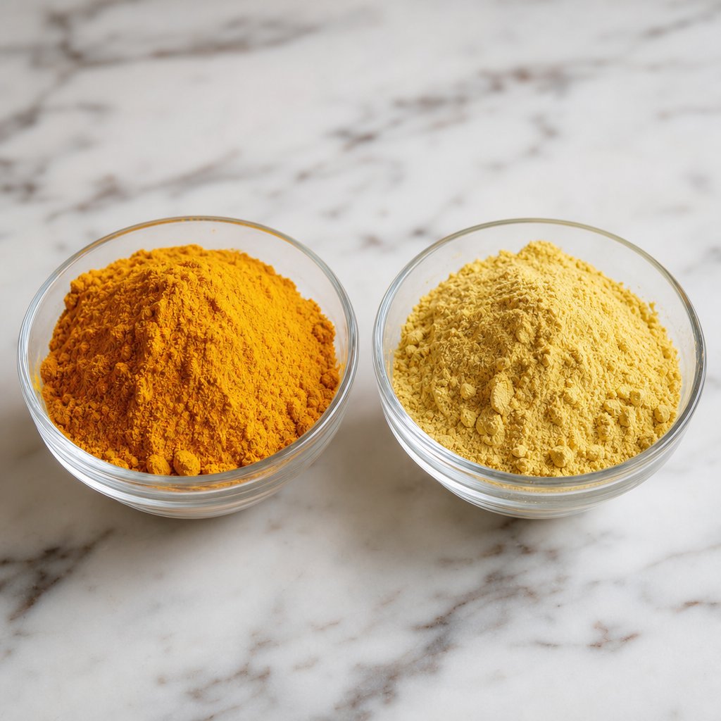 comparing vibrant fresh turmeric powder against dull aged powder to illustrate visual quality indicators