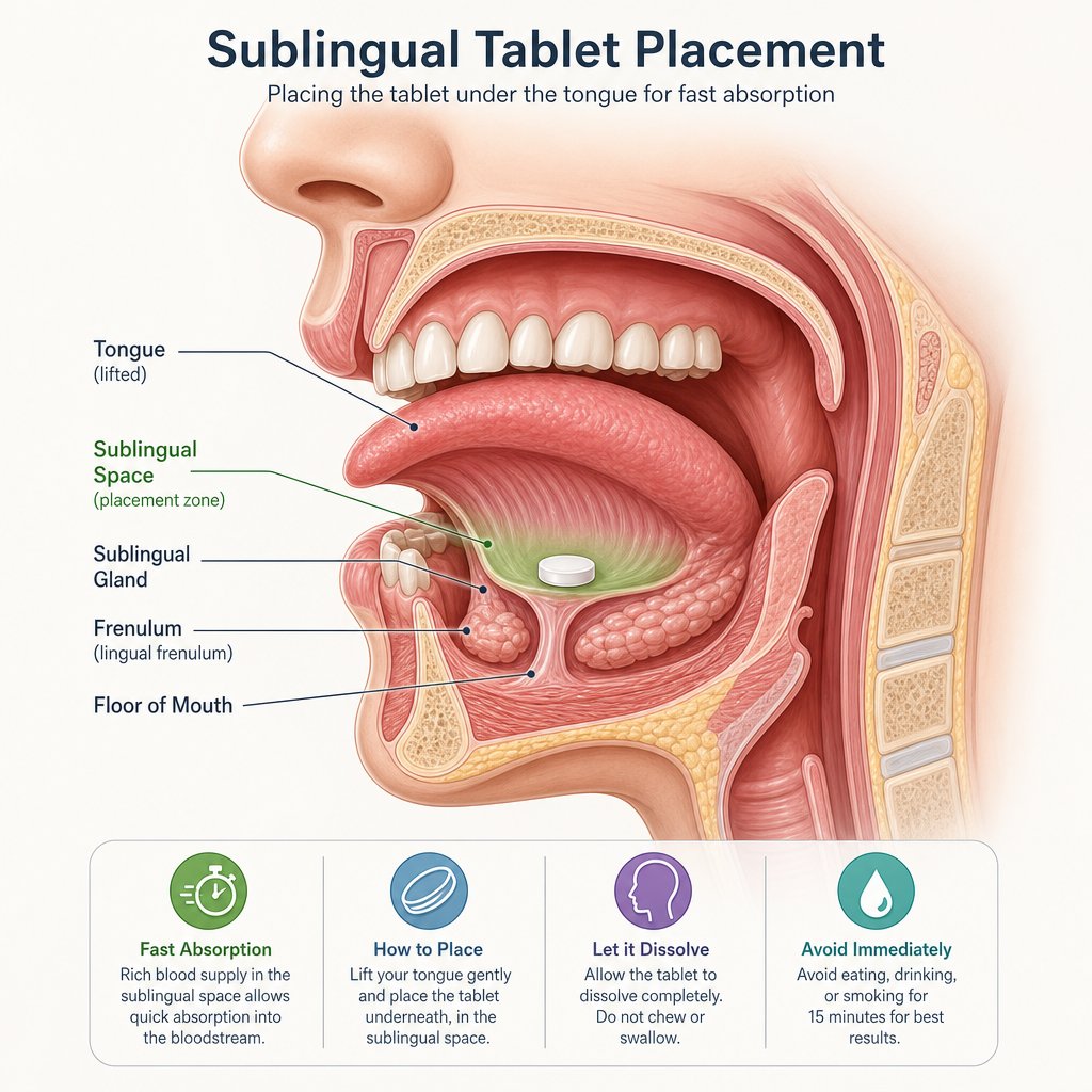 cross section view showing the sublingual space where tablets should be placed for optimal absorption