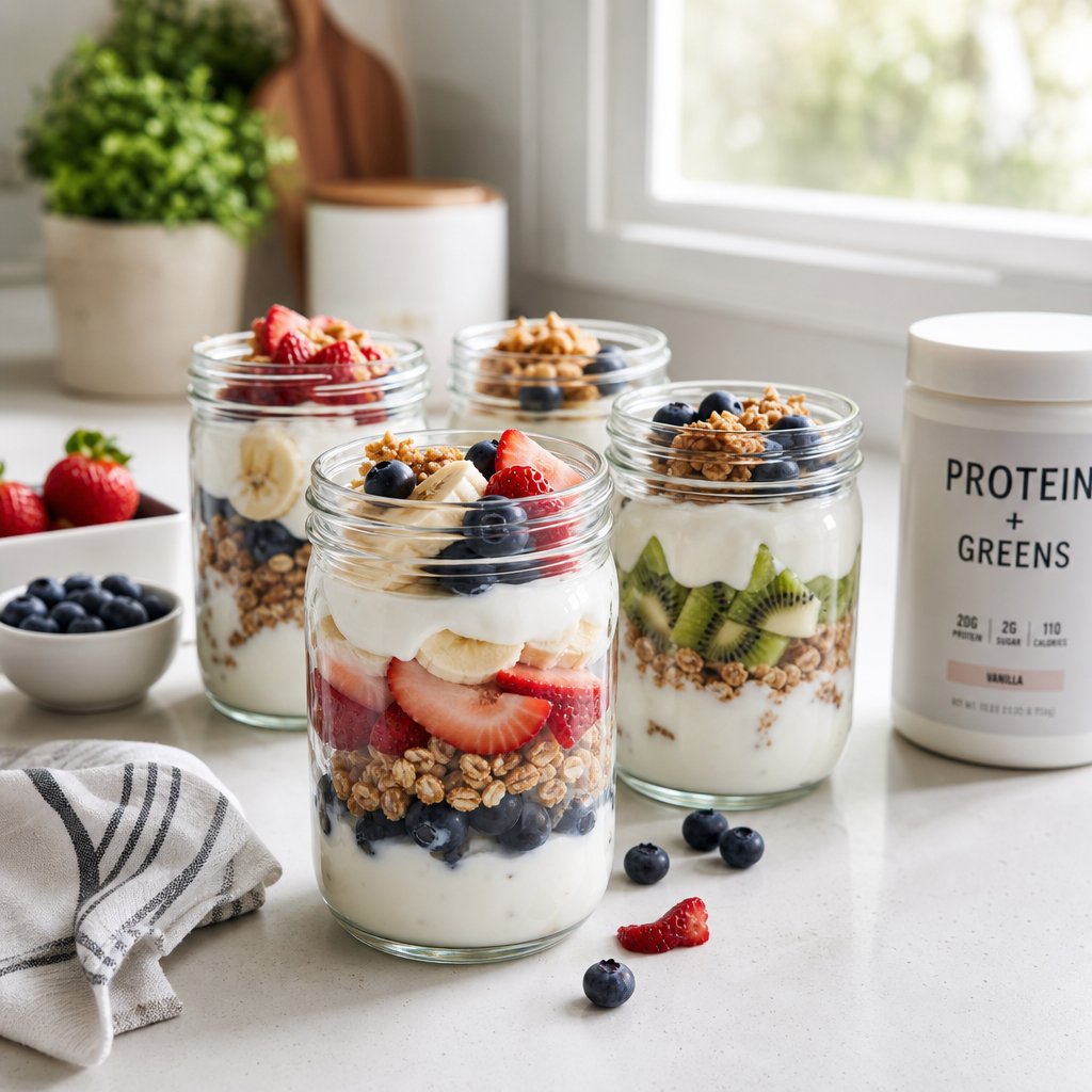 meal prepped protein yogurt jars ready for grab and go convenience