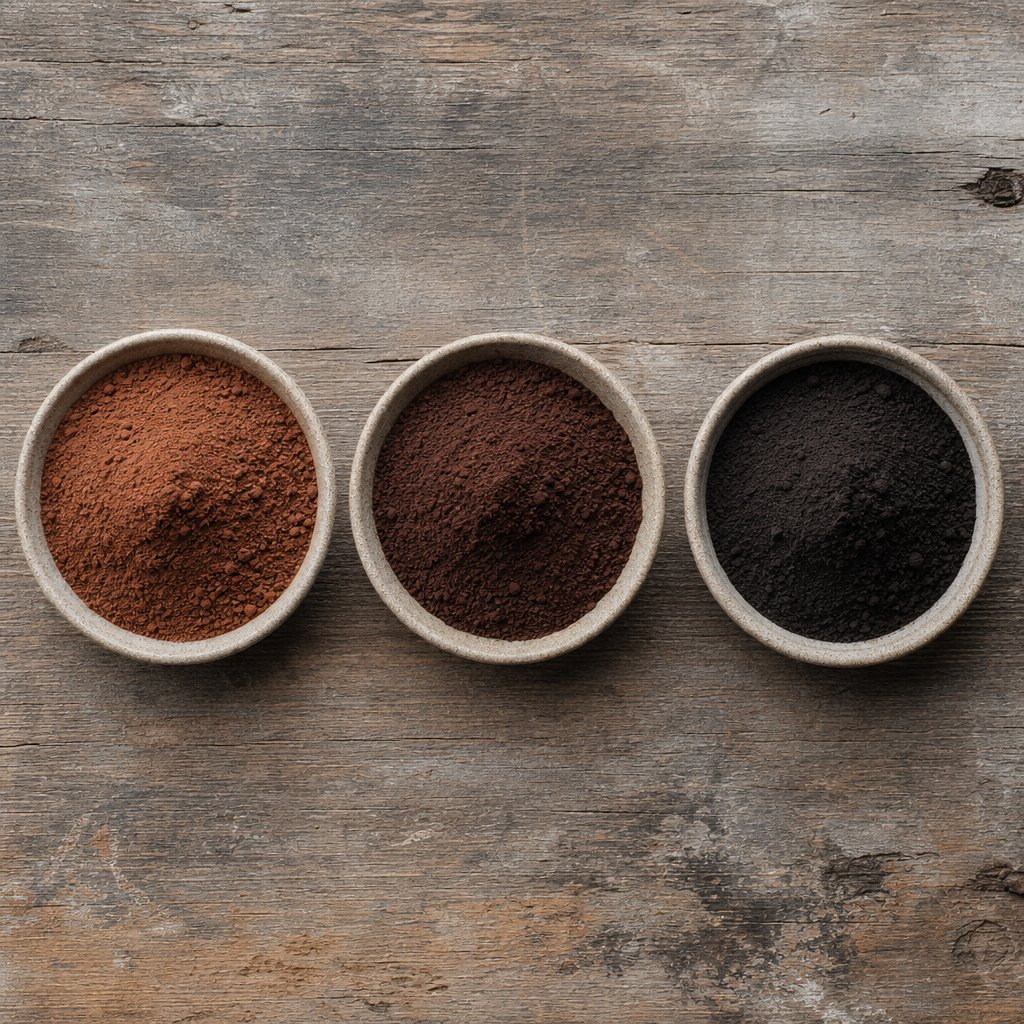 the dutching spectrum from lightly alkalized reddish brown to heavily dutched near black cocoa powder