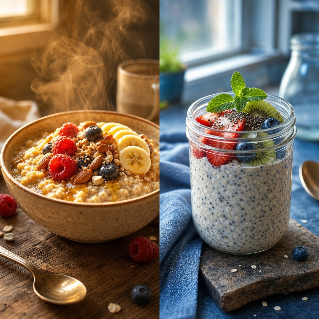 hot oatmeal offers speed and warmth while overnight oats deliver guaranteed smoothness and meal prep convenience